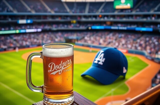 A split-image photo: Dodger Stadium at sunset with a diverse crowd, and American Family Field in Milwaukee with fans eating b