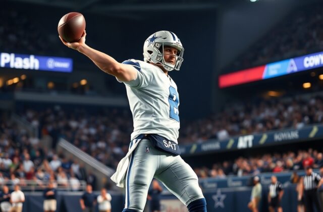 A dynamic action shot of Cooper Rush in a Cowboys jersey mid-throw during a playoff game, with the AT&T Stadium crowd blurred