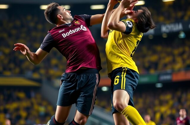 A high-energy action shot of Borussia Dortmund and AS Roma players battling for the ball in Signal Iduna Park, with the stadi