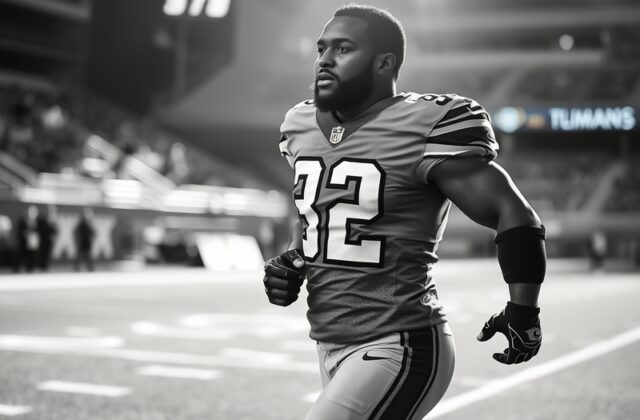 Jermar Jefferson in a Detroit Lions uniform, mid-stride on the field during a game, with stadium lights and crowd blurred in