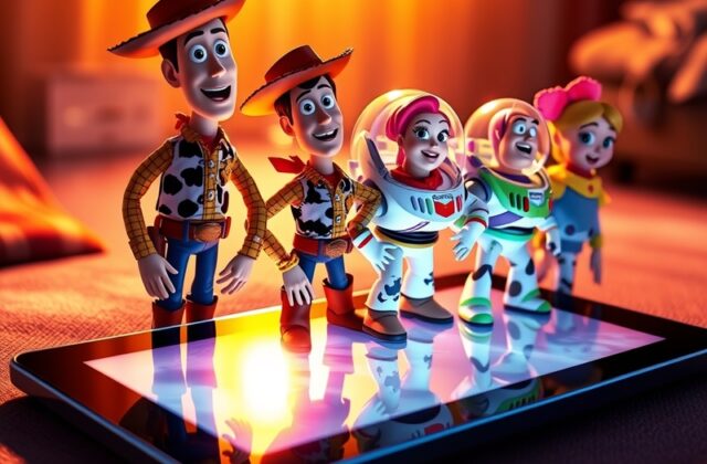 A vibrant scene from Toy Story 5 featuring Woody, Buzz, and Bo Peep standing in a nostalgic living room filled with classic t