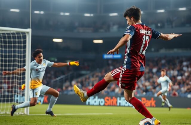 A dynamic action shot of Sporting Kansas City’s Alan Pulido scoring the match-winning goal against Colorado Rapids goalkeeper
