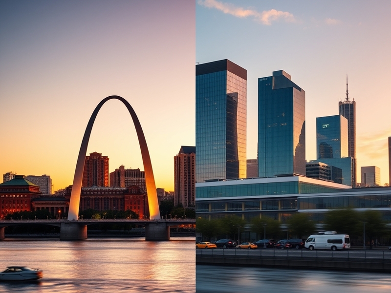 Side-by-side urban scenes: St. Louis with the Gateway Arch and blues club neon, San Jose with Silicon Valley skyscrapers and