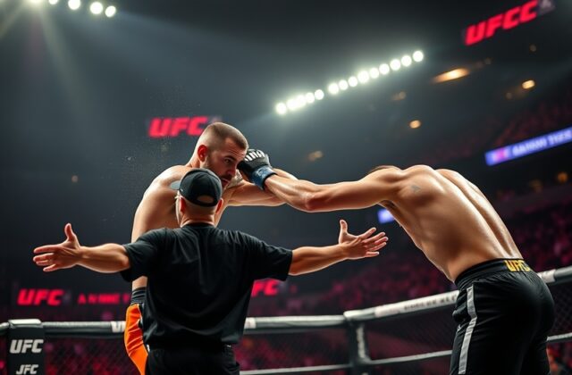 A high-energy UFC octagon shot during a main event finish, with referee raising a victorious fighter’s hand, surrounded by ch
