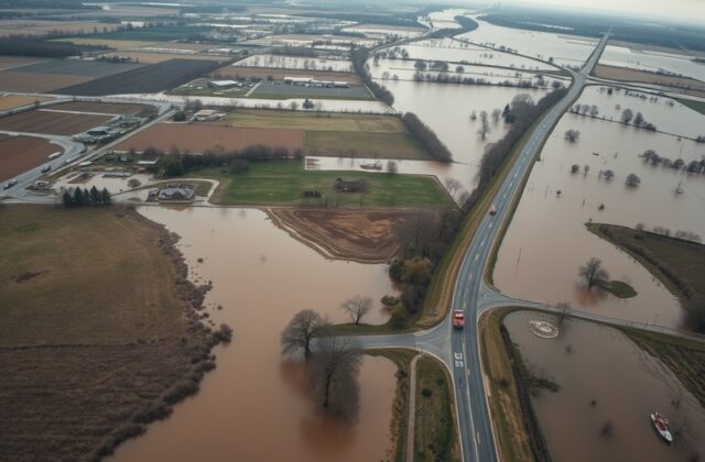 Aerial view of a flooded subdivision in a suburban Indianapolis neighborhood, with streets submerged under murky water and em