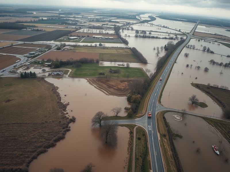 Aerial view of a flooded subdivision in a suburban Indianapolis neighborhood, with streets submerged under murky water and em