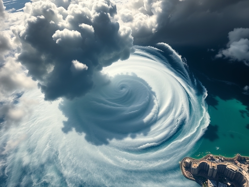 A satellite image of a hurricane approaching Hawaii with vibrant green islands in the background, dark storm clouds swirling