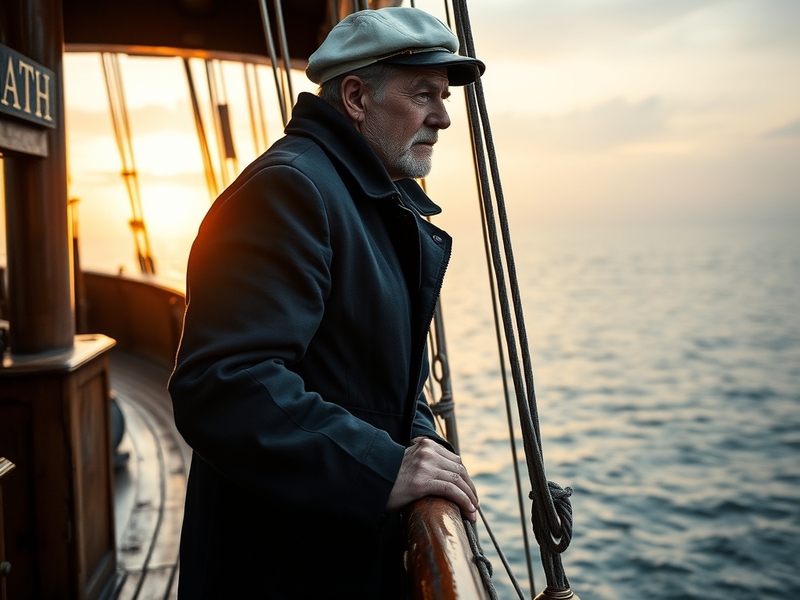 A professional sailor on the deck of a large cargo ship during dusk, wearing a high-visibility jacket and safety helmet. The