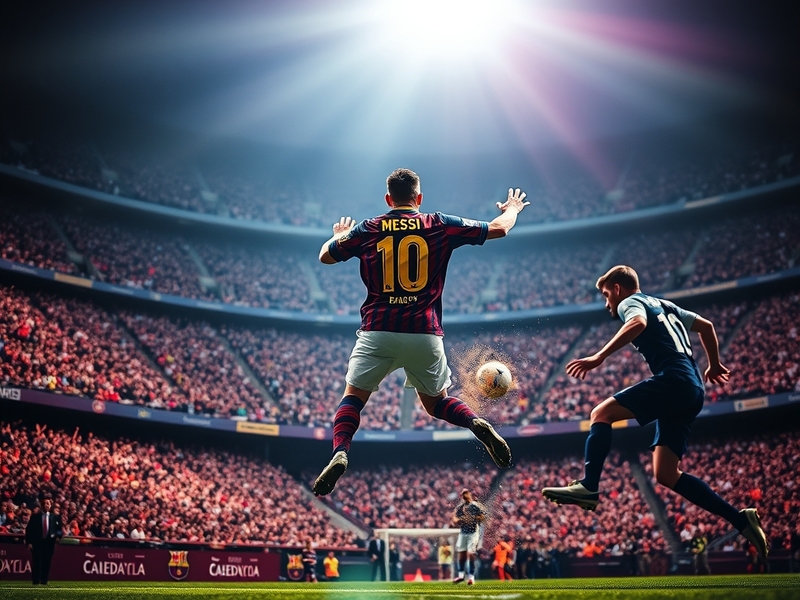 A vibrant stadium atmosphere during an El Clásico match at Camp Nou, showing fans in team colors, players on the pitch, and t