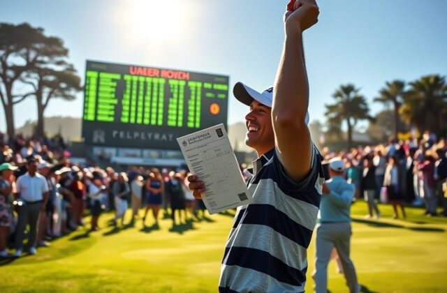 A golfer in mid-swing on a lush green course during a sunset playoff event, with a leaderboard display in the background show