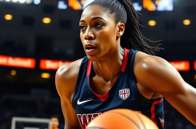 A vibrant, high-energy photo of a WNBA game in progress, featuring star players like Sabrina Ionescu and A’ja Wilson in actio