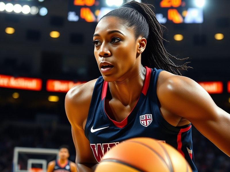 A vibrant, high-energy photo of a WNBA game in progress, featuring star players like Sabrina Ionescu and A’ja Wilson in actio