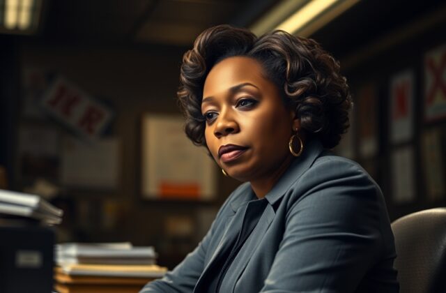 A candid, well-lit portrait of S. Epatha Merkerson on a stage or set, wearing a modern yet timeless outfit, with a warm smile