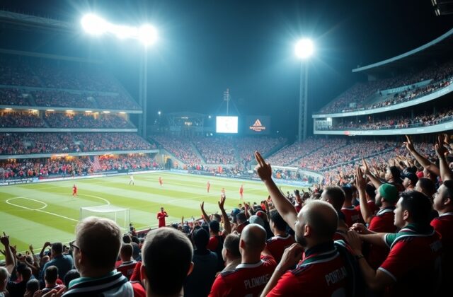 A vibrant photo of Providence Park during a Timbers match, with the Timbers Army waving scarves and smoke from flares rising