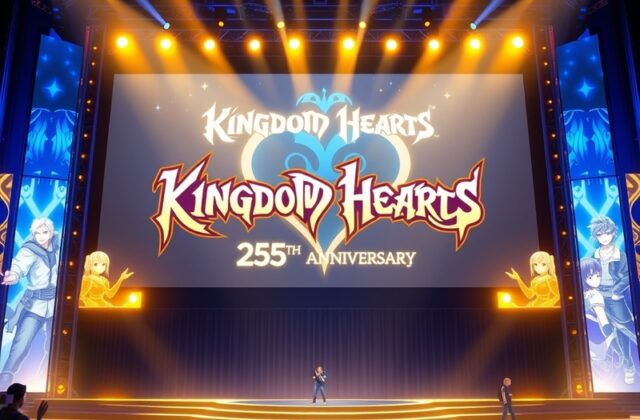 A vibrant collage showing a live concert at Royal Albert Hall with orchestral performers, projected Kingdom Hearts visuals, a