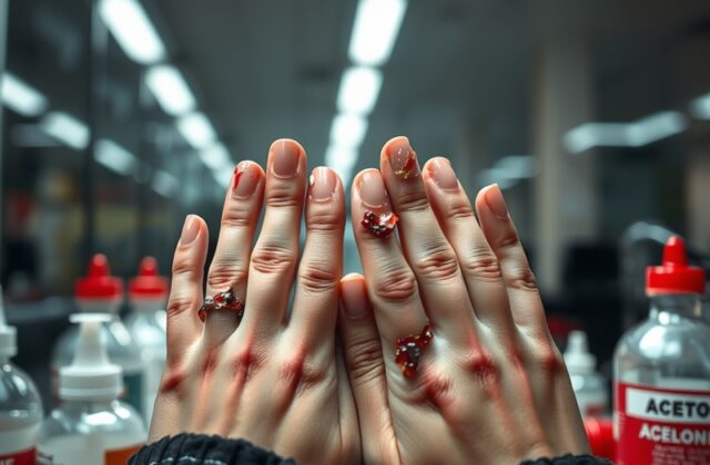 A split-image illustration: one side shows a salon technician applying gel polish under UV light, with caution symbols overla