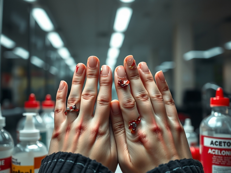 A split-image illustration: one side shows a salon technician applying gel polish under UV light, with caution symbols overla