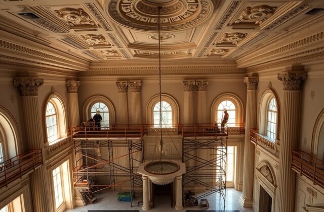 A wide-angle shot of the Eisenhower Executive Office Building’s historic ballroom interior, showing ornate plasterwork, grand