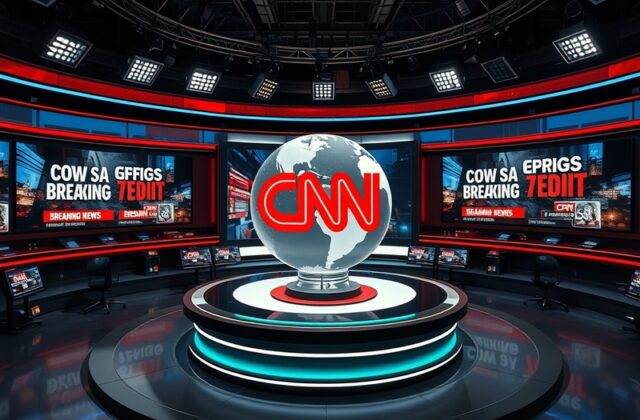 A split-screen image showing CNN’s early 1980s newsroom with vintage TVs and a modern CNN studio with digital screens, highli