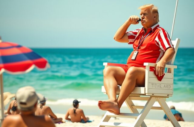A split-screen image showing a lifeguard chair on a beach on one side and a chaotic social media feed on the other, with Trum