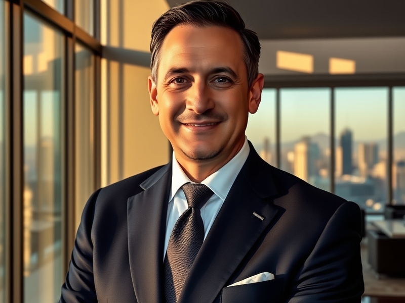A professional portrait of Mauricio Umansky in a sleek, modern office setting, with a city skyline visible through floor-to-c