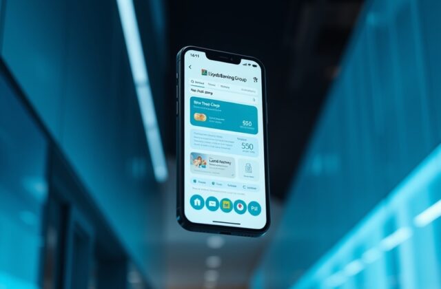 A smartphone displaying the Lloyds Banking app interface on a wooden desk, with a modern home interior in the background. The
