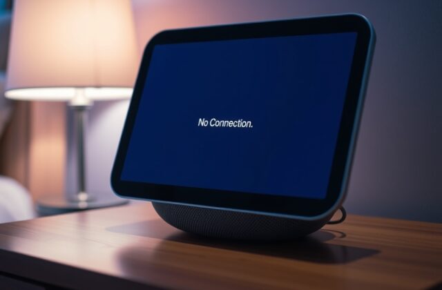 A Nest Hub screen displaying an error message 'Unable to connect to Google services' on a kitchen counter with smart home dev