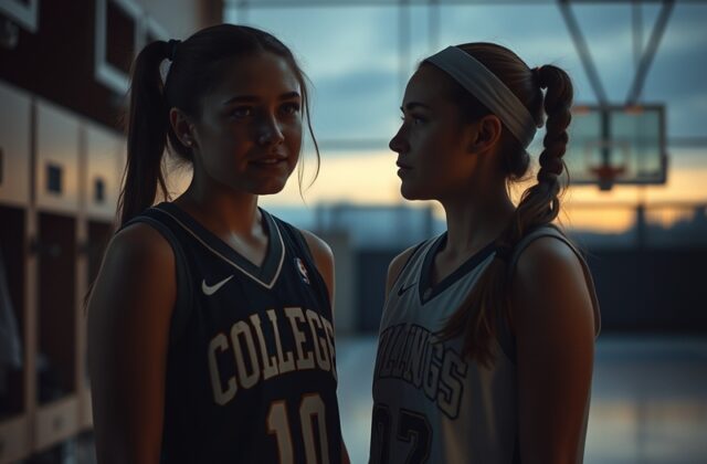 A split-screen image of Azzi Fudd and Paige Bueckers in action during a UConn game, with one mid-shot and the other dribbling
