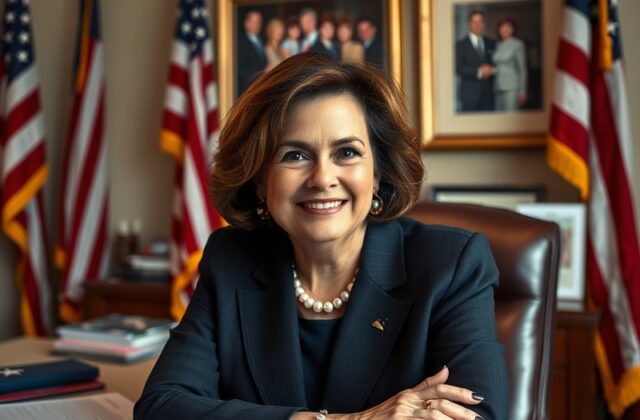 A professional portrait of Nancy Mace speaking at a podium, wearing business attire, with the U.S. Capitol in the background.