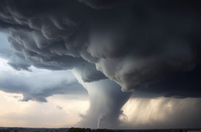 A dramatic split-image showing a large, wedge-shaped tornado moving across a rural Wisconsin landscape with dark storm clouds