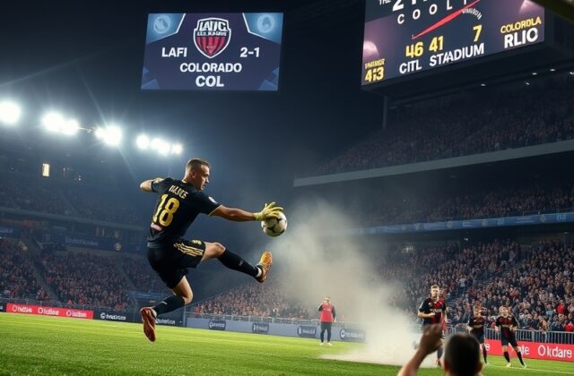 A vibrant shot of LAFC’s Mullla Nurullaev scoring the first goal against Colorado Rapids at BMO Stadium, with teammates celeb