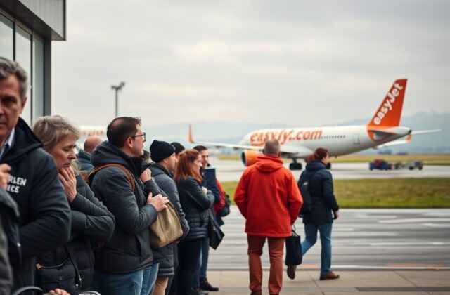 A busy Leeds Bradford Airport terminal with frustrated passengers checking departure boards, some looking at phones while oth