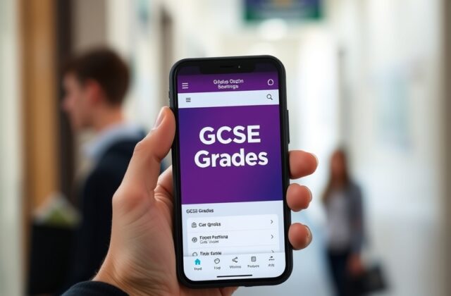A focused student using a GCSE grades app on a tablet, surrounded by textbooks and notebooks, with a futuristic digital overl