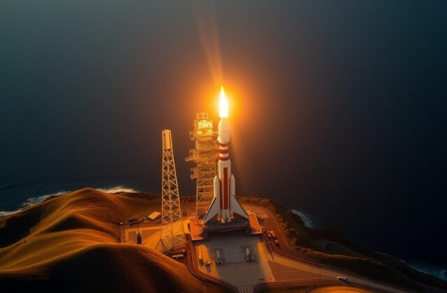 A wide-angle shot of Vandenberg Space Force Base’s launch pads, with a Falcon 9 rocket on the pad at sunset, surrounded by co