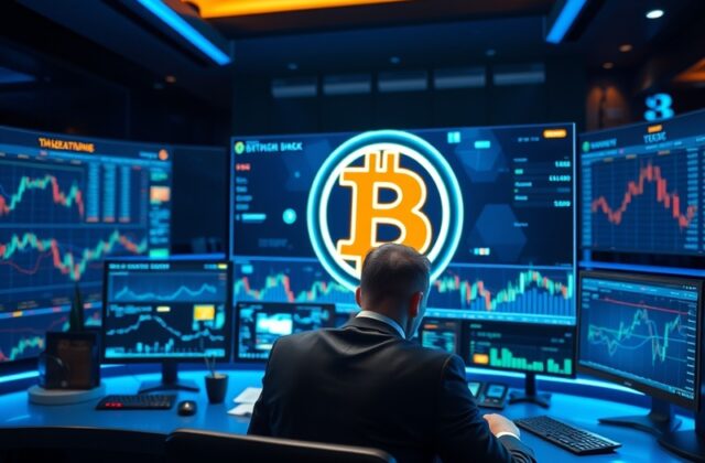 A professional financial office setting with a digital Bitcoin symbol glowing on multiple computer screens, representing Fide