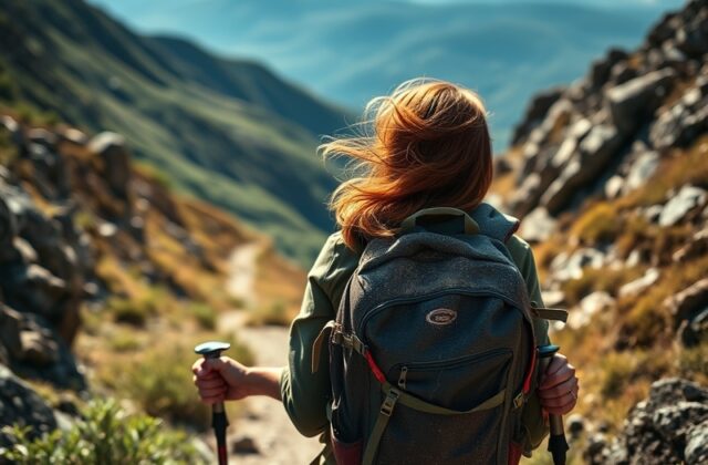 A solo hiker with a large backpack stands on a rocky ridge at sunrise, looking out over a vast mountain range. She wears a wi