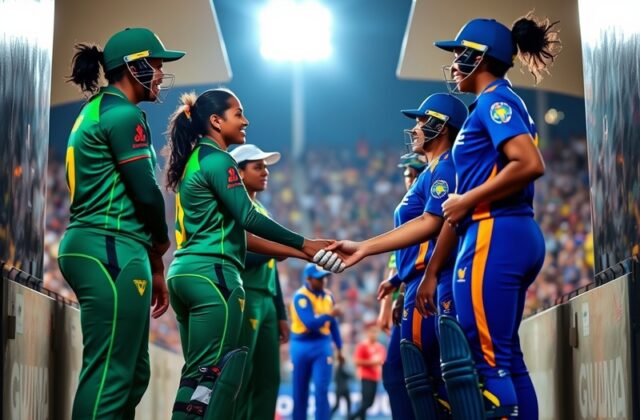 A vibrant cricket stadium at night, filled with cheering fans in team colors, players in action during a high-stakes CPL matc