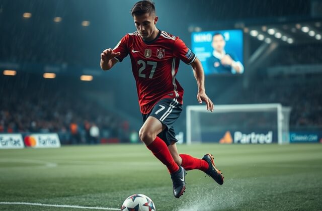 A dynamic action shot of Kenan Yıldız in an Eintracht Frankfurt jersey, dribbling past an opponent during a Bundesliga match,