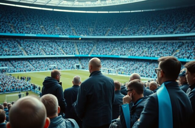 A cinematic shot of the Etihad Stadium at dusk, with the Manchester City badge illuminated on the facade, surrounded by globa