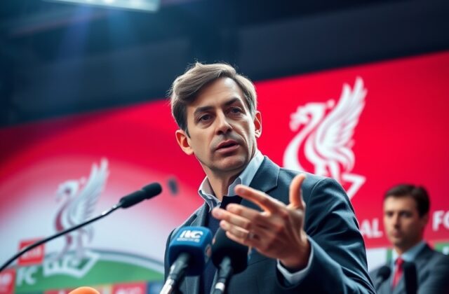 A split-screen image showing Fabrizio Romano at his laptop with Liverpool’s Anfield stadium in the background, highlighting t