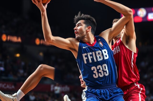 A dynamic action shot of Victor Wembanyama and Nikola Jokić mid-play during a France vs Serbia game, with the French and Serb