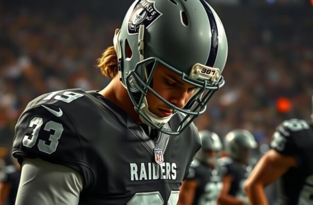 A dynamic action shot of Maxx Crosby in a Raiders uniform sacking a quarterback during a 2023 game. Crosby is mid-motion with