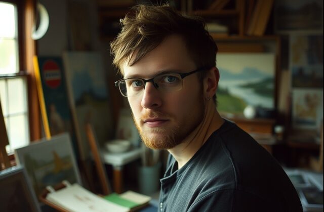 A candid portrait of Conor Anderson sitting at a wooden desk in a sunlit room, surrounded by notebooks, a lamp, and a potted