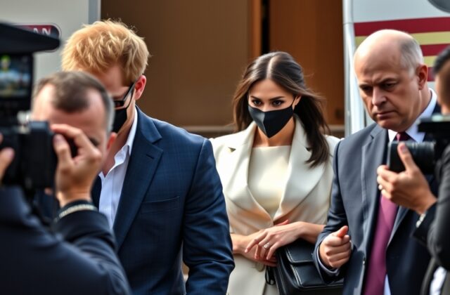 A composed outdoor portrait of Prince Harry and Meghan Markle in London, dressed in smart casual attire, surrounded by autumn