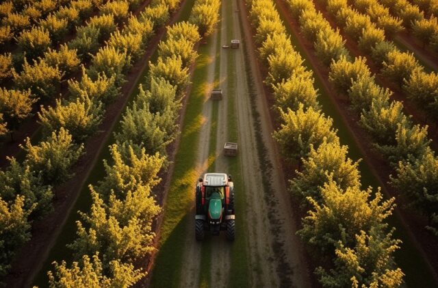 A vibrant aerial view of Graveley Fruit Farm in autumn, showing golden orchards, a bustling farm shop, and families picking a