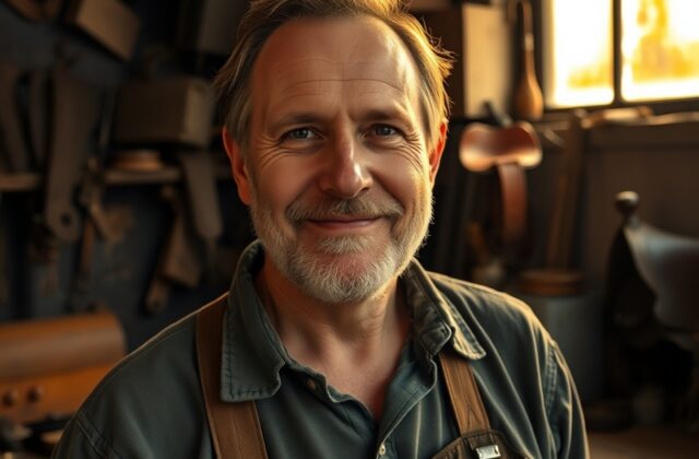 A professional portrait of Barry Mitchell in a mid-century office setting, wearing a collared shirt and holding a clipboard,