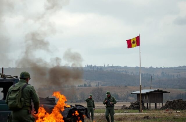 Aerial view of a rural Moldovan border checkpoint with damaged drone wreckage on the ground, Transnistrian flags in the backg