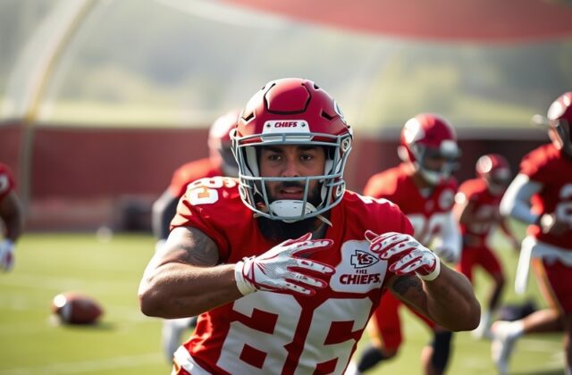 Travis Kelce in Chiefs training camp attire running a route on a sunlit practice field, surrounded by coaches and teammates,
