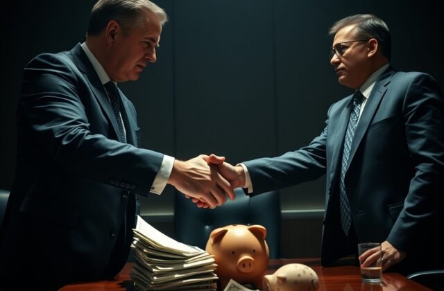 A split-screen image: on one side, a boardroom with executives in shadow, on the other, a digital trading screen showing a st