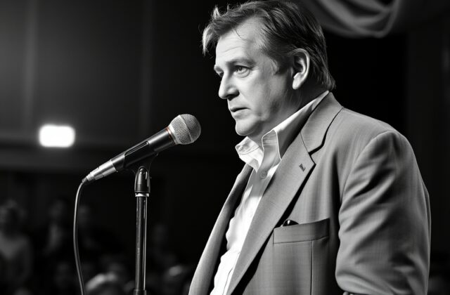 A black-and-white photograph of Joe Carthy performing on stage with a guitar, wearing a dark shirt and jeans, bathed in warm